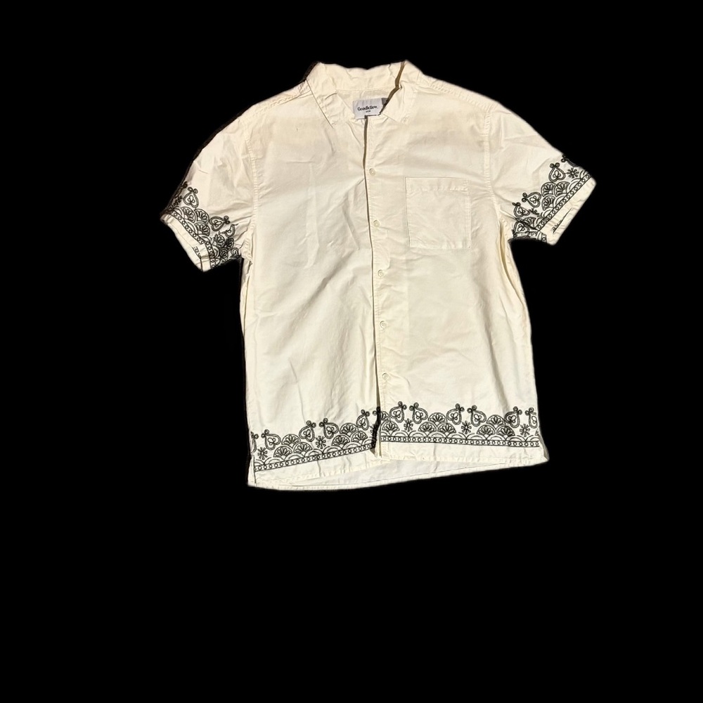 Cubavera White and Black Casual Button Down Shirt with Ornamental Design